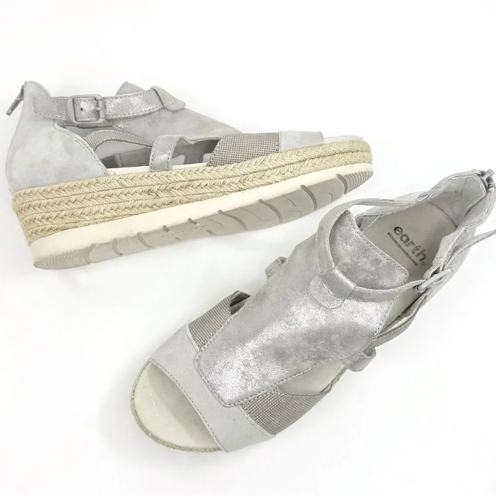 Earth MODENA JASMINE Grey Silver Sparkle Espadrille Wedge Gladiator Sandals